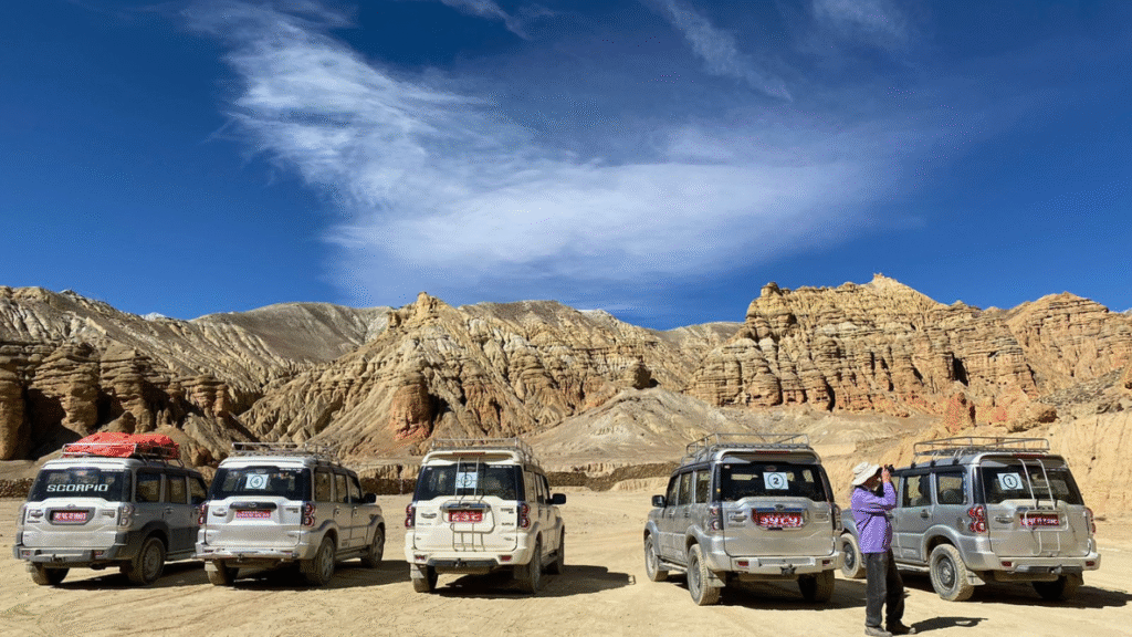 Private Luxury Jeep tour through Upper Mustang's remote desert landscape.