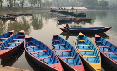 The beautiful view of boats in Fewa Lake in Pokhara.
