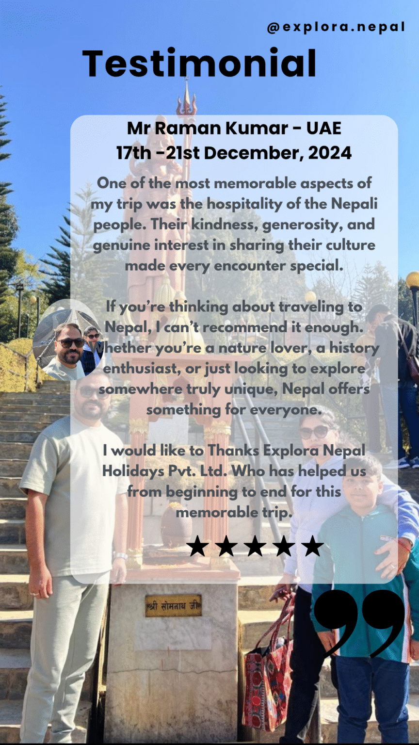 Luxury Nepal tour review from UAE clients– enjoyed the nepalese hospitality and service.